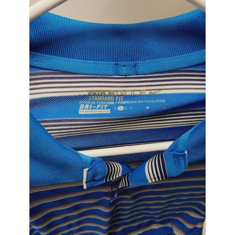 Nike Golf Dri-FIT Mens Large Blue White Striped Short Sleeve Polo Shirt L 677